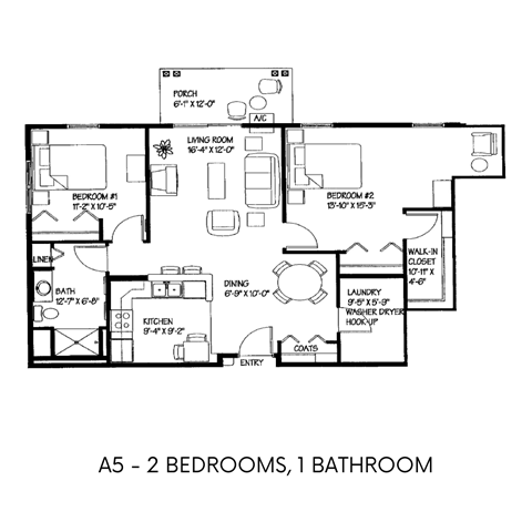 Floor plan for 2 beds, 1 bath, 1050 sqft